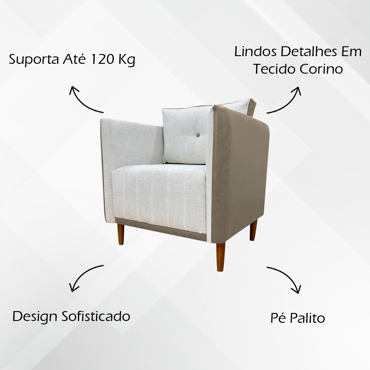 Poltrona Decorativa Para Sala Recepção Consultório Aviv Corino Caramelo e Linho Bege