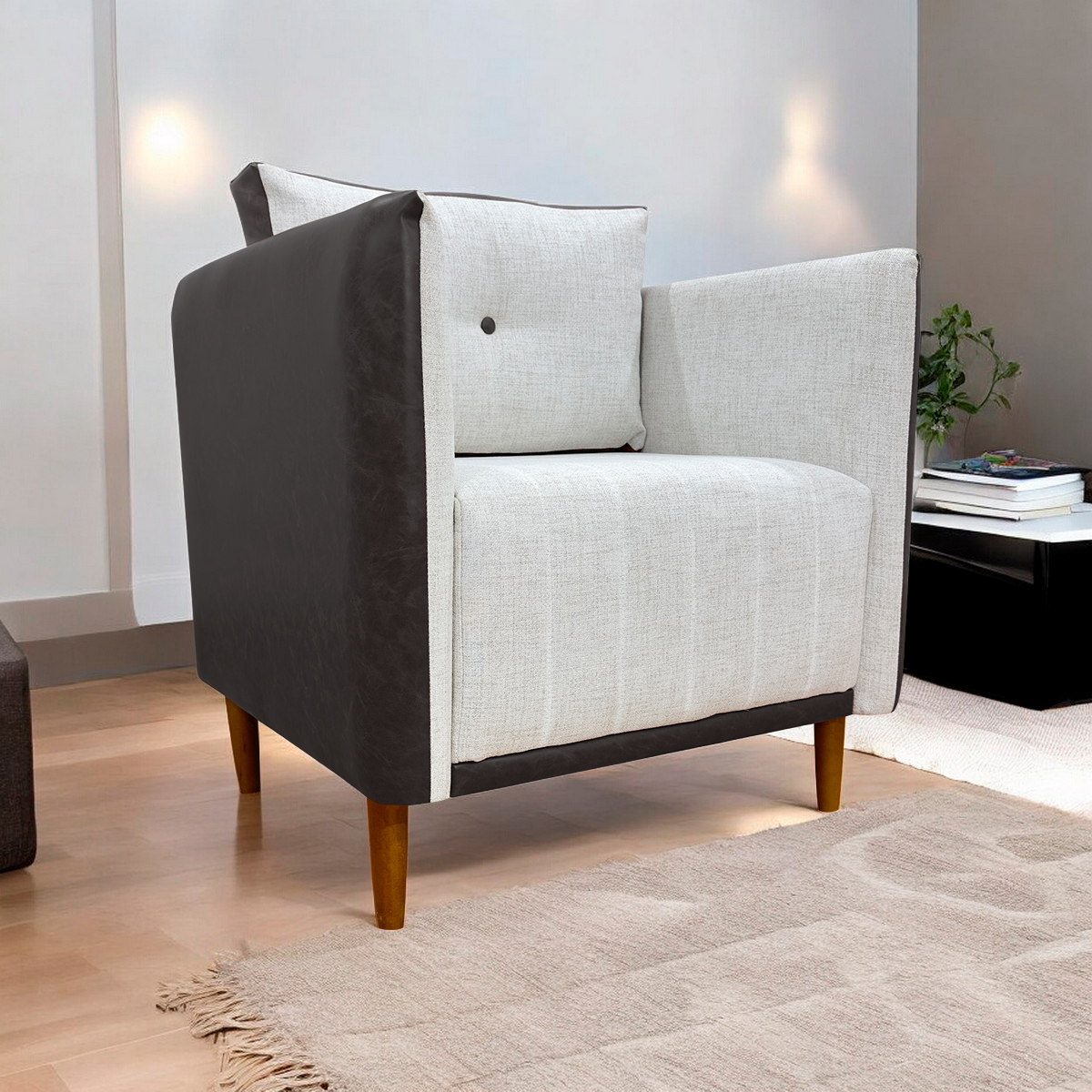 Poltrona Decorativa Para Sala Recepção Consultório Aviv Corino Marrom e Linho Bege