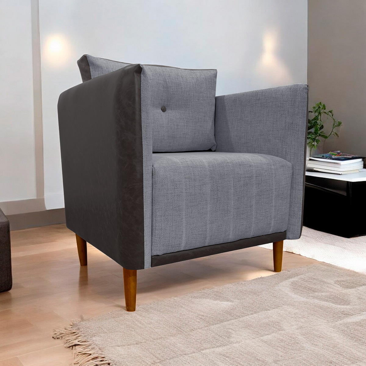 Poltrona Decorativa Para Sala Recepção Consultório Aviv Corino Marrom e Linho Cinza