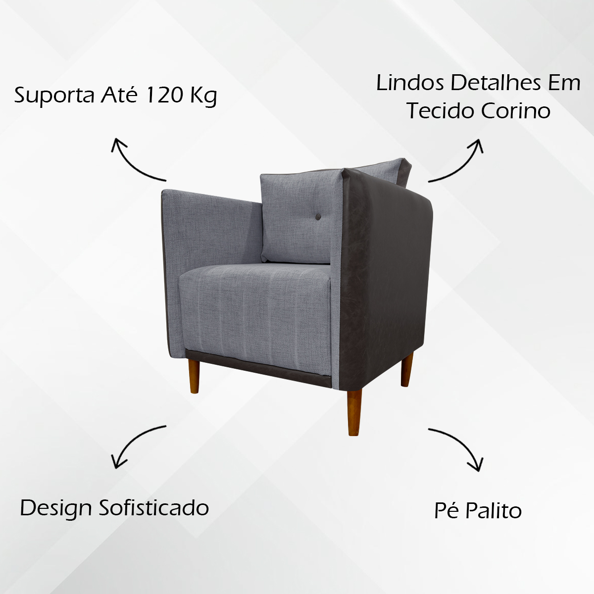 Poltrona Decorativa Para Sala Recepção Consultório Aviv Corino Marrom e Linho Cinza