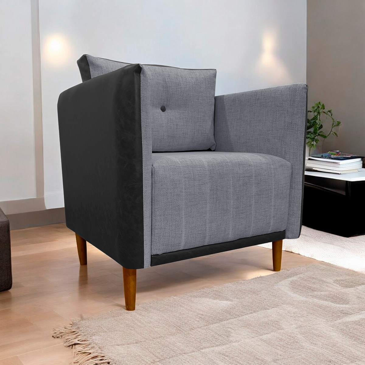 Poltrona Decorativa Para Sala Recepção Consultório Aviv Corino Preto e Linho Cinza