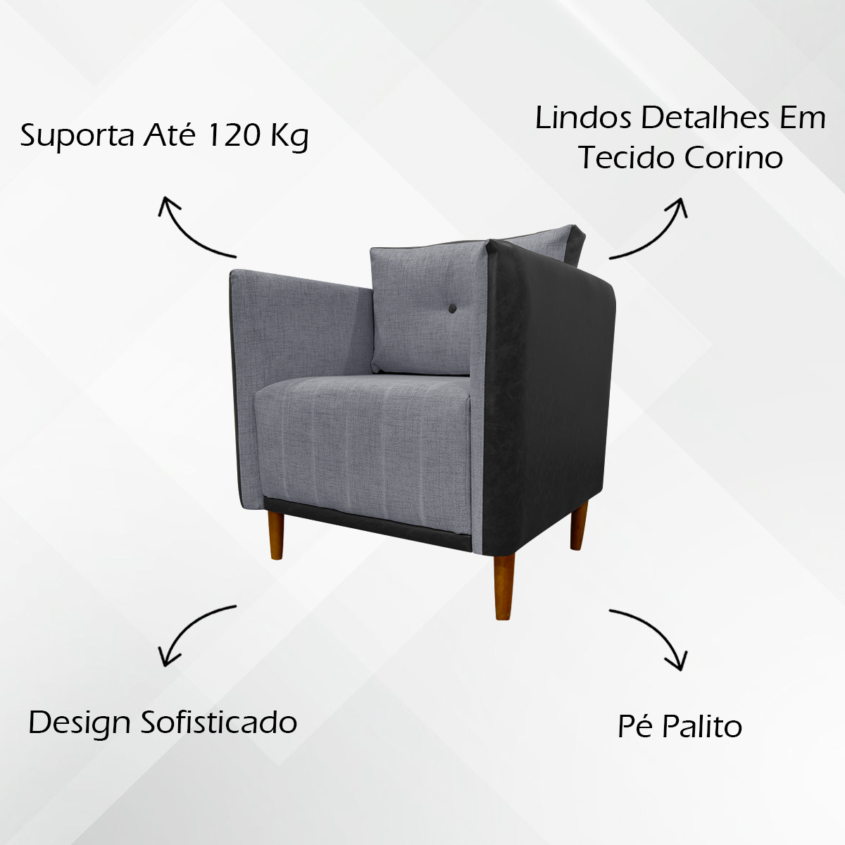 Poltrona Decorativa Para Sala Recepção Consultório Aviv Corino Preto e Linho Cinza