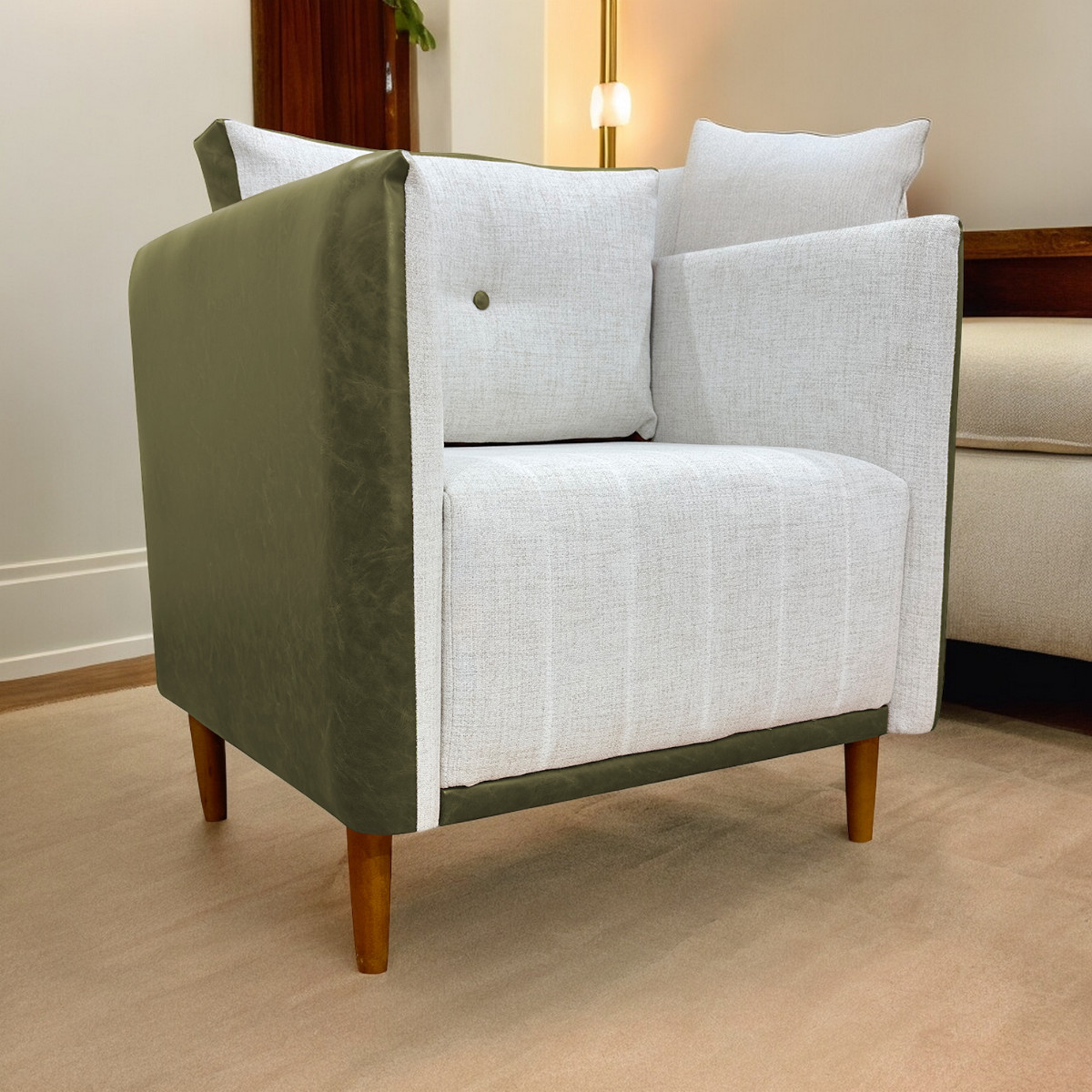 Poltrona Decorativa Para Sala Recepção Consultório Aviv Corino Verde e Linho Bege