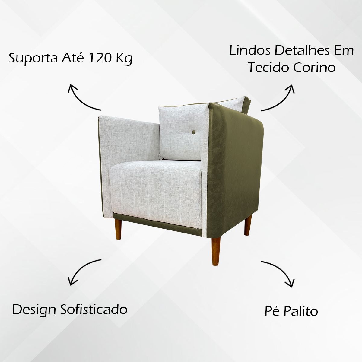Poltrona Decorativa Para Sala Recepção Consultório Aviv Corino Verde e Linho Bege