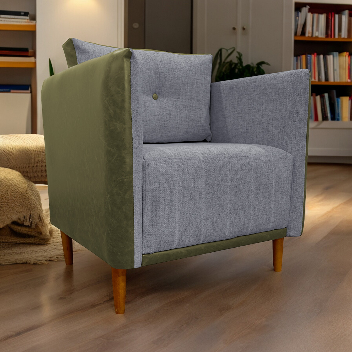 Poltrona Decorativa Para Sala Recepção Consultório Aviv Corino Verde e Linho Cinza