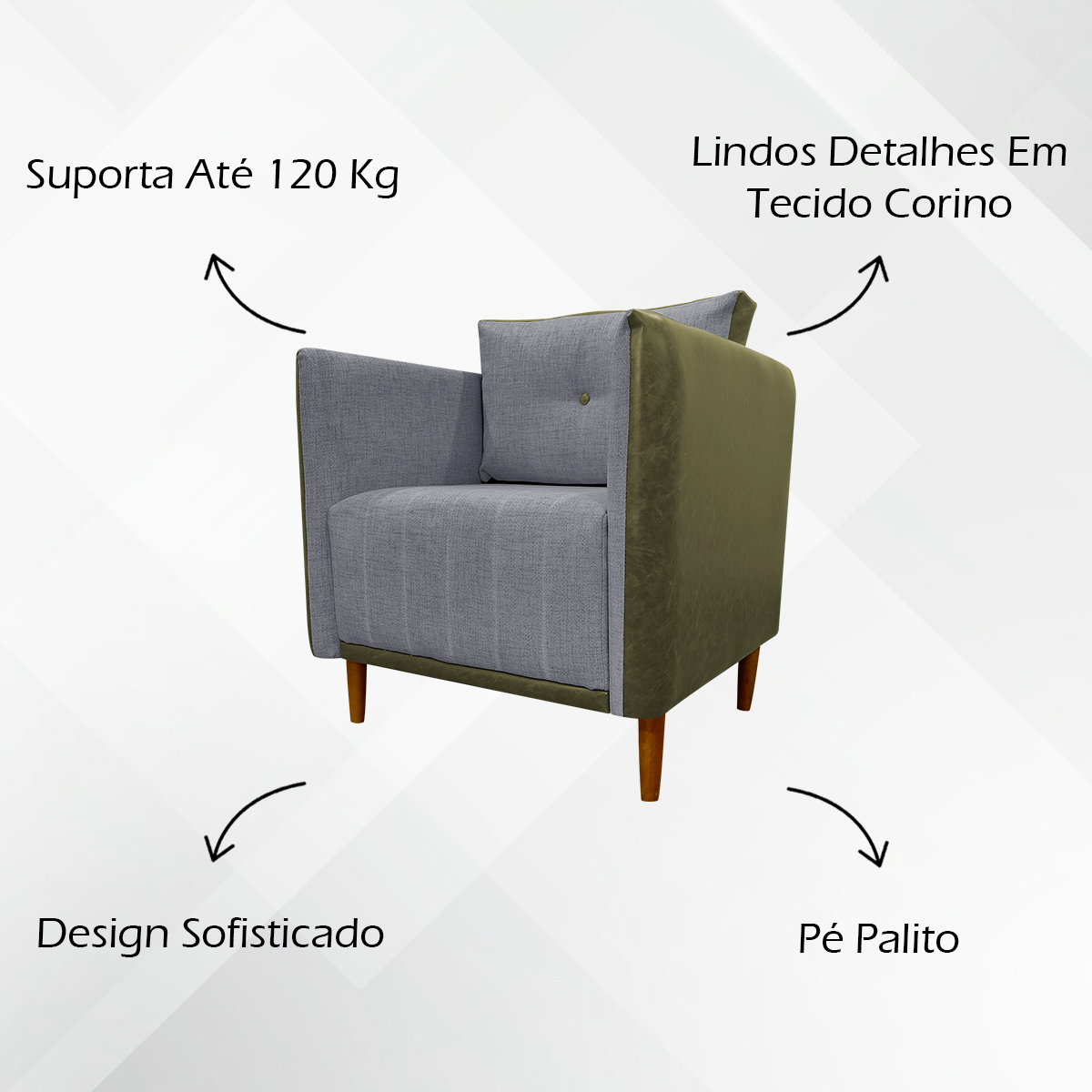 Poltrona Decorativa Para Sala Recepção Consultório Aviv Corino Verde e Linho Cinza