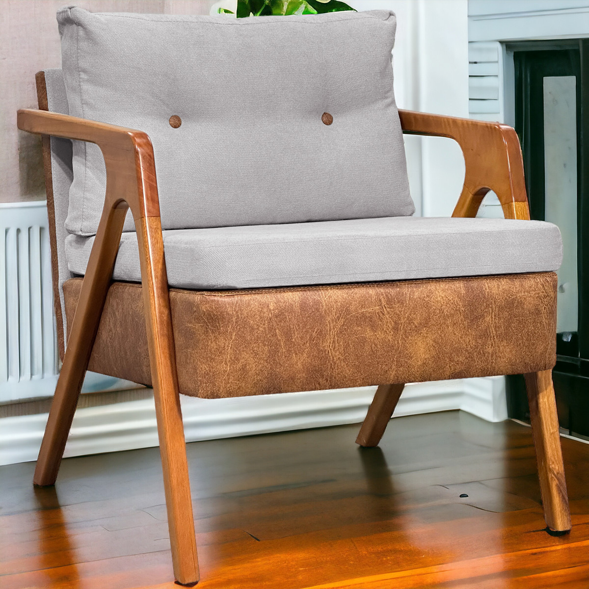 Poltrona Decorativa Para Sala Recepção Consultório Laura Corino Peroba e Linho Bege Pé Castanho