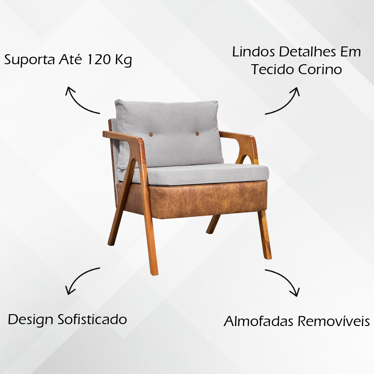 Poltrona Decorativa Para Sala Recepção Consultório Laura Corino Peroba e Linho Bege Pé Castanho
