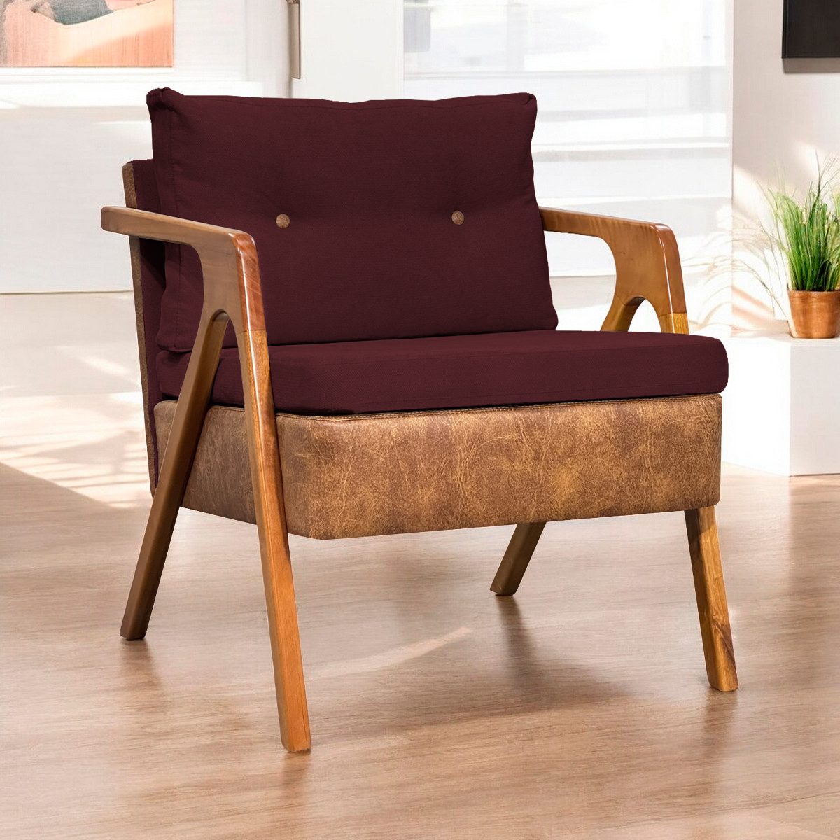 Poltrona Decorativa Para Sala Recepção Consultório Laura Corino Peroba e Linho Bordô Pé Castanho