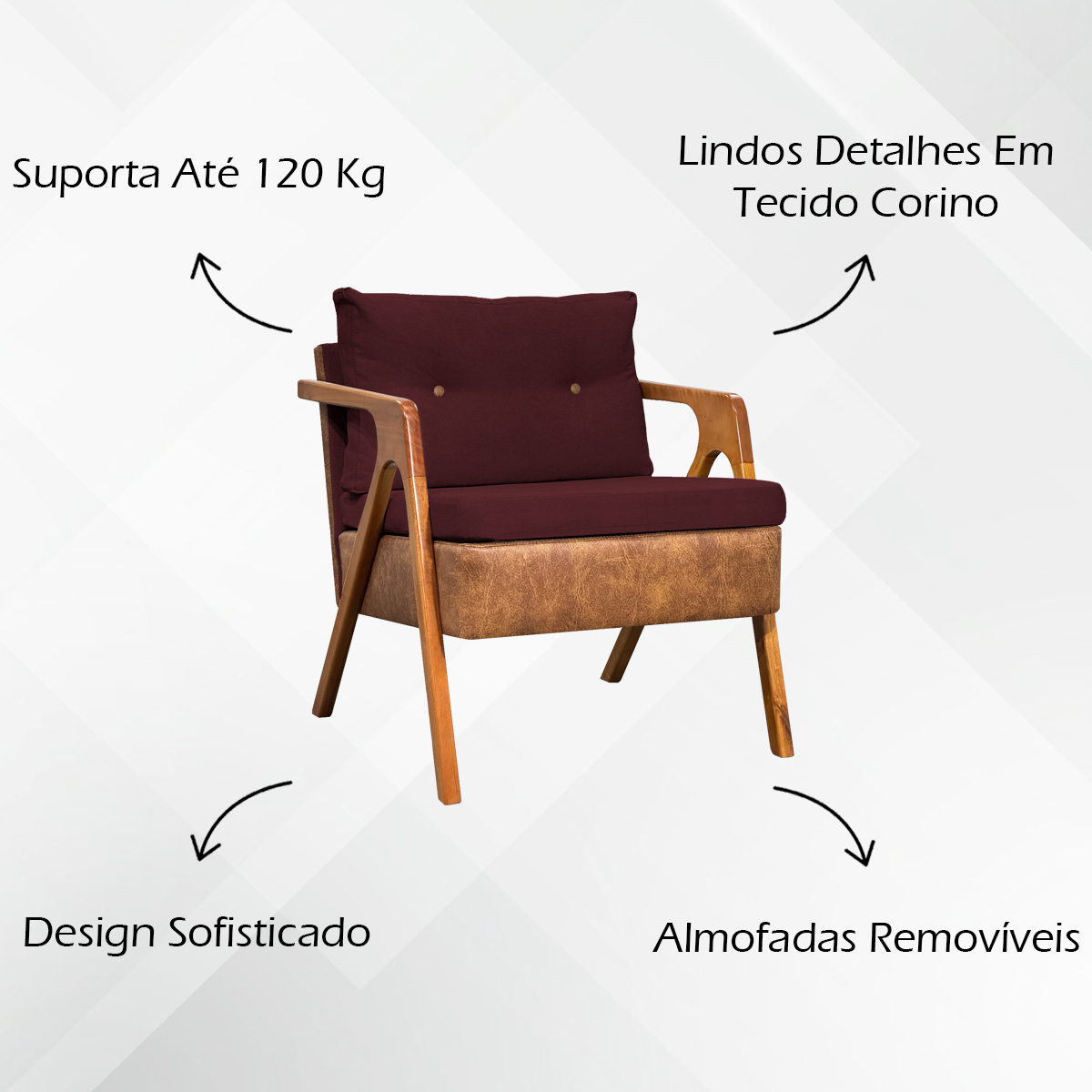 Poltrona Decorativa Para Sala Recepção Consultório Laura Corino Peroba e Linho Bordô Pé Castanho