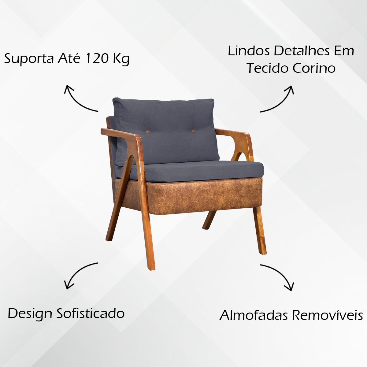 Poltrona Decorativa Para Sala Recepção Consultório Laura Corino Peroba e Linho Cinza Pé Castanho
