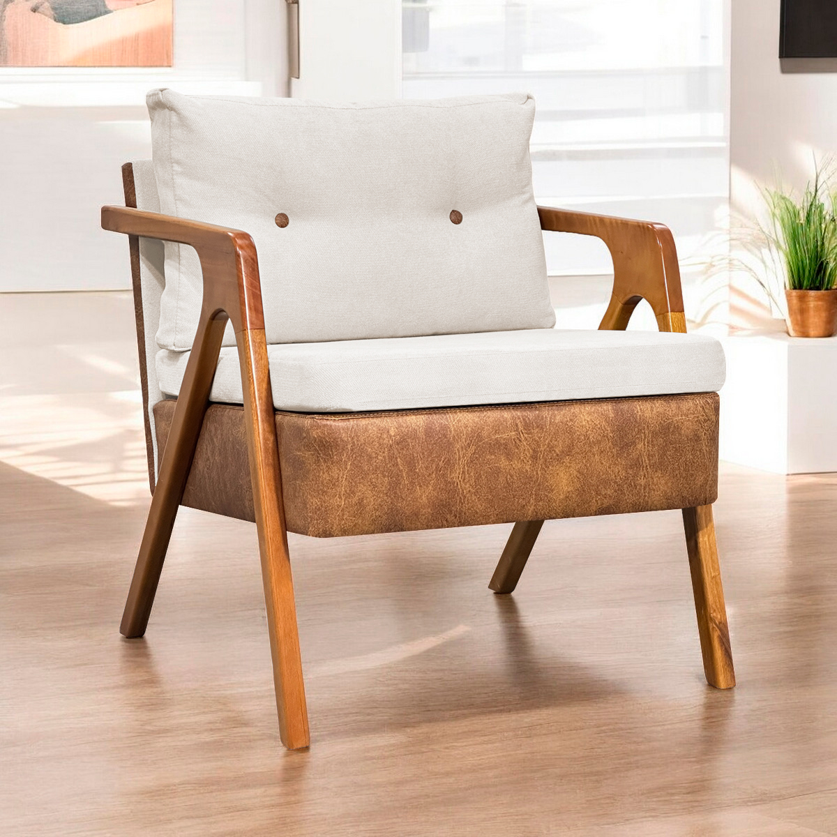 Poltrona Decorativa Para Sala Recepção Consultório Laura Corino Peroba e Linho Off White