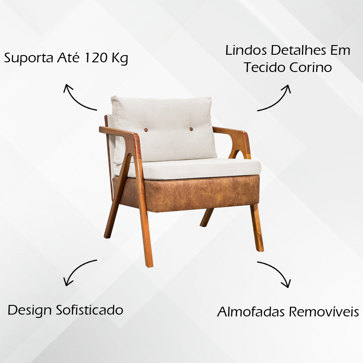 Poltrona Decorativa Para Sala Recepção Consultório Laura Corino Peroba e Linho Off White