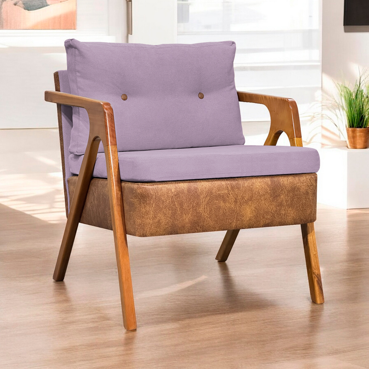 Poltrona Decorativa Para Sala Recepção Consultório Laura Corino Peroba e Linho Rosa Pé Castanho