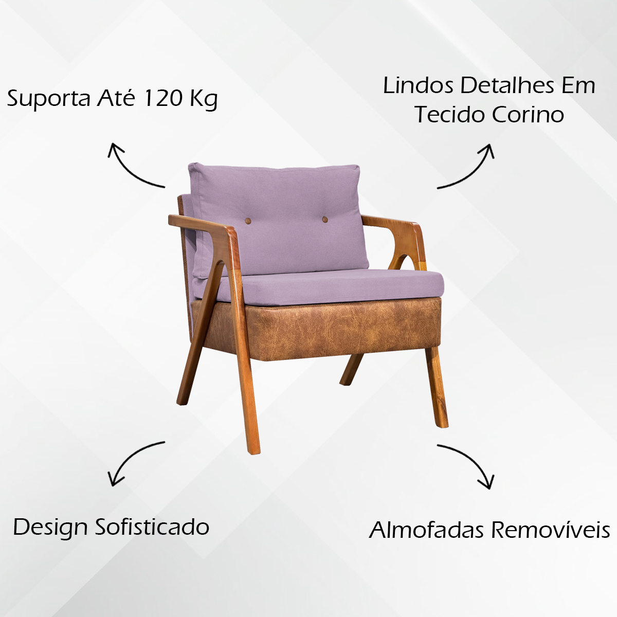 Poltrona Decorativa Para Sala Recepção Consultório Laura Corino Peroba e Linho Rosa Pé Castanho