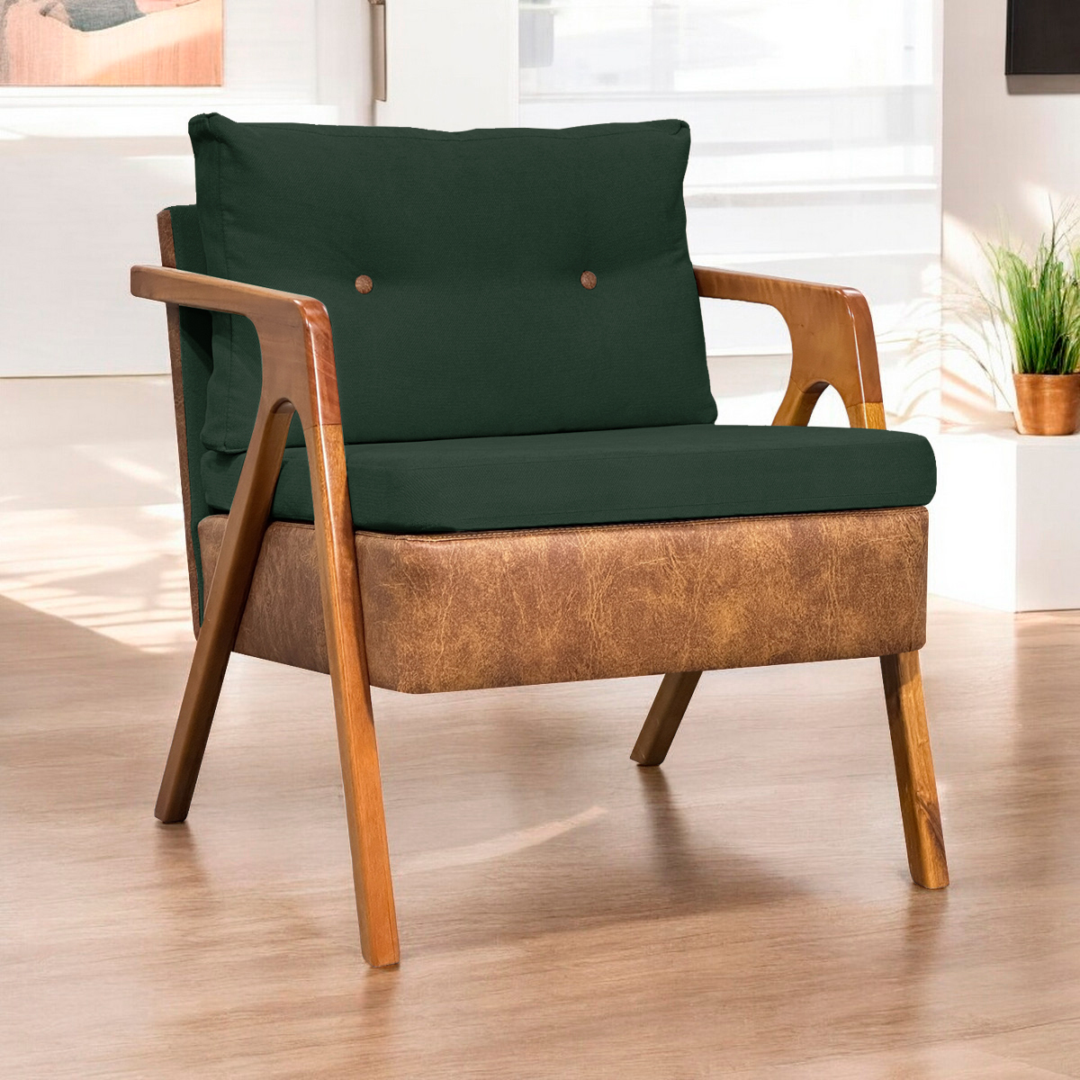 Poltrona Decorativa Para Sala Recepção Consultório Laura Corino Peroba e Linho Verde Pé Castanho