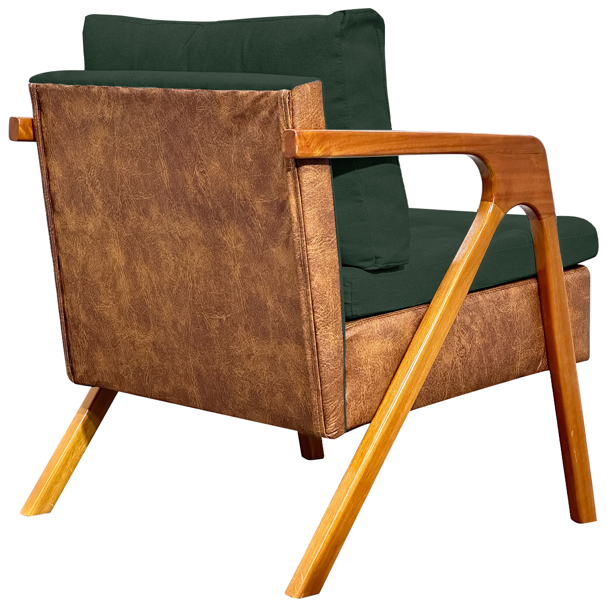 Poltrona Decorativa Para Sala Recepção Consultório Laura Corino Peroba e Linho Verde Pé Castanho