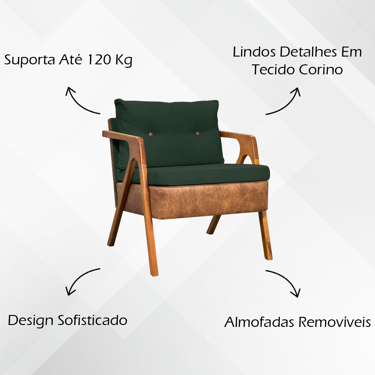 Poltrona Decorativa Para Sala Recepção Consultório Laura Corino Peroba e Linho Verde Pé Castanho