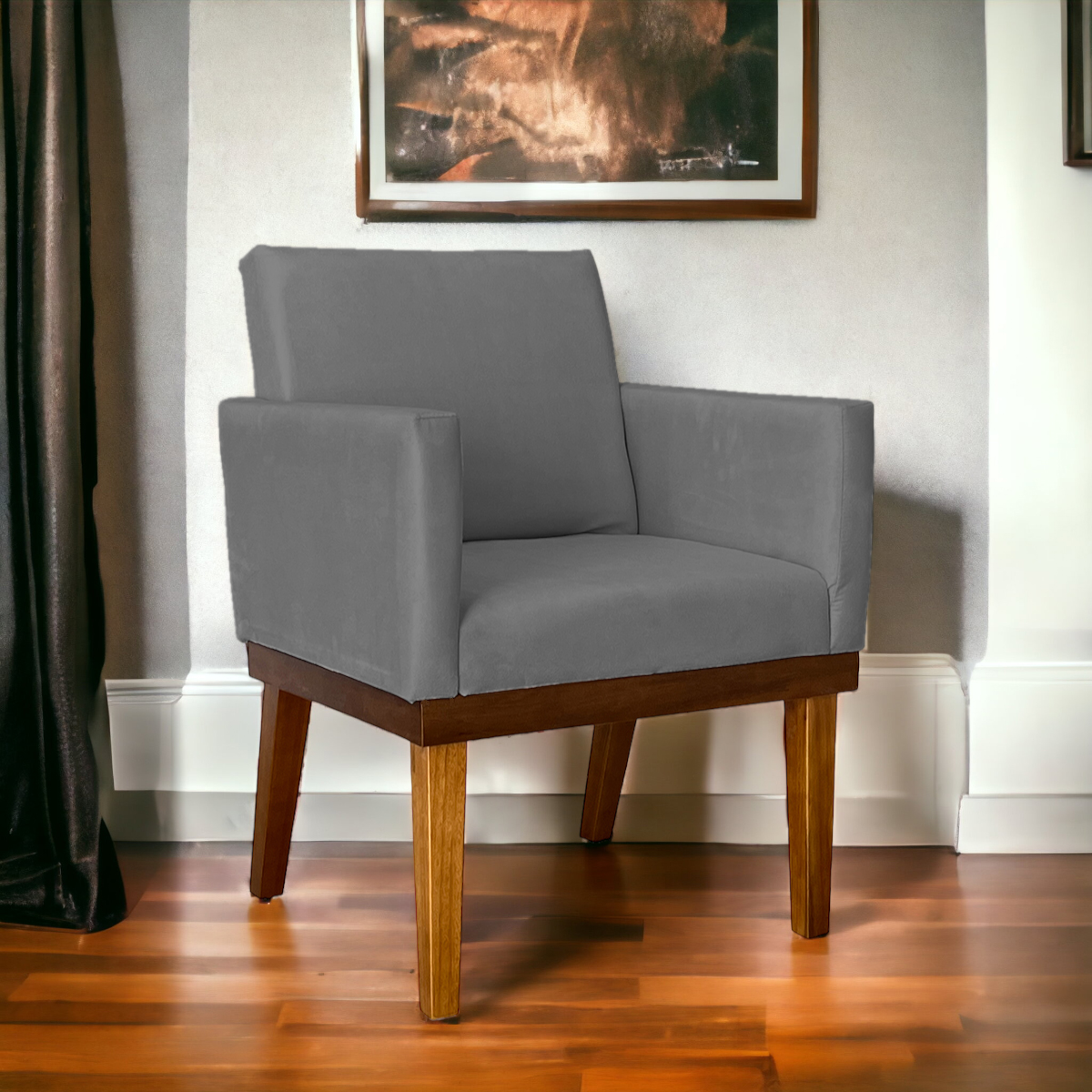 Poltrona Decorativa Para Sala Recepção Escritório Divine Base Reforçada De Madeira Suede Cinza