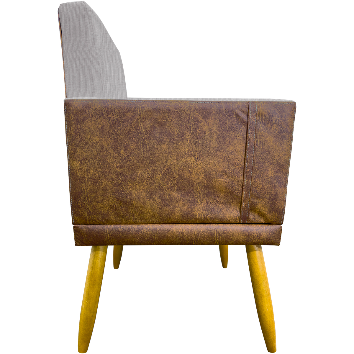 Poltrona Decorativa Para Sala Recepção Lis Corino Peroba e Linho Bege