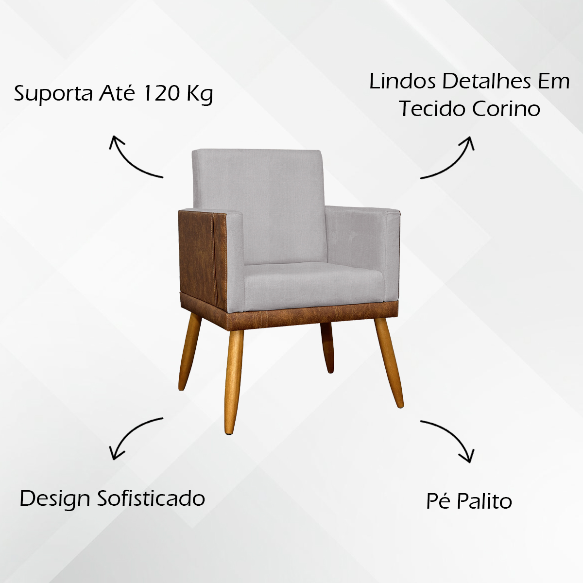 Poltrona Decorativa Para Sala Recepção Lis Corino Peroba e Linho Bege