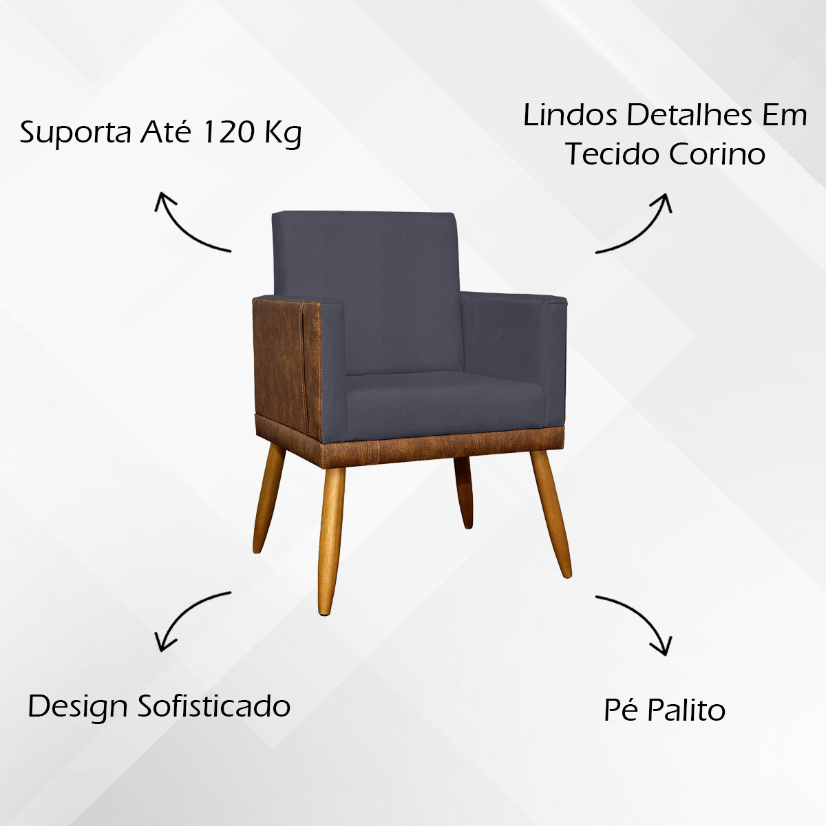 Poltrona Decorativa Para Sala Recepção Lis Corino Peroba e Linho Cinza