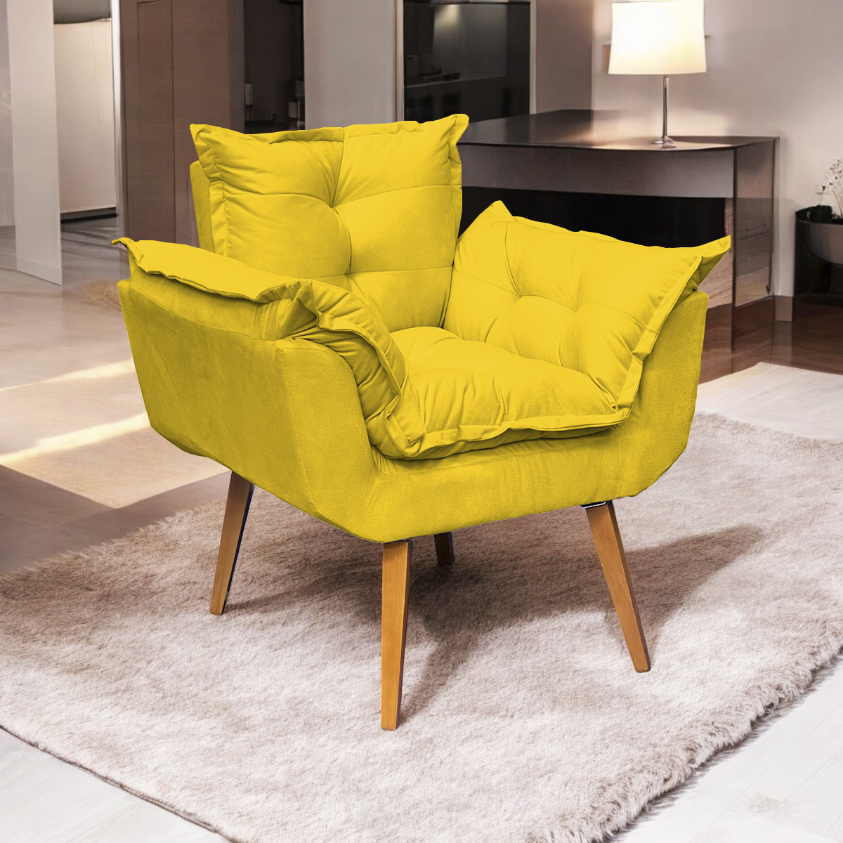 Poltrona Decorativa Para Sala Recepção Manicure Confortável Alice Suede Amarelo Pés Trapézio
