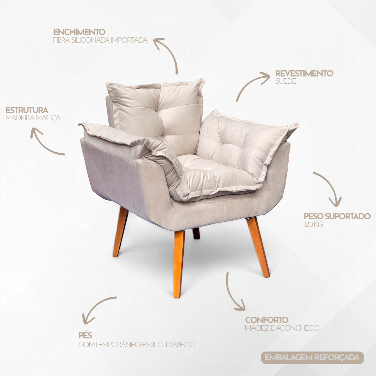 Poltrona Decorativa Para Sala Recepção Manicure Confortável Alice Suede Bege Pés Trapézio