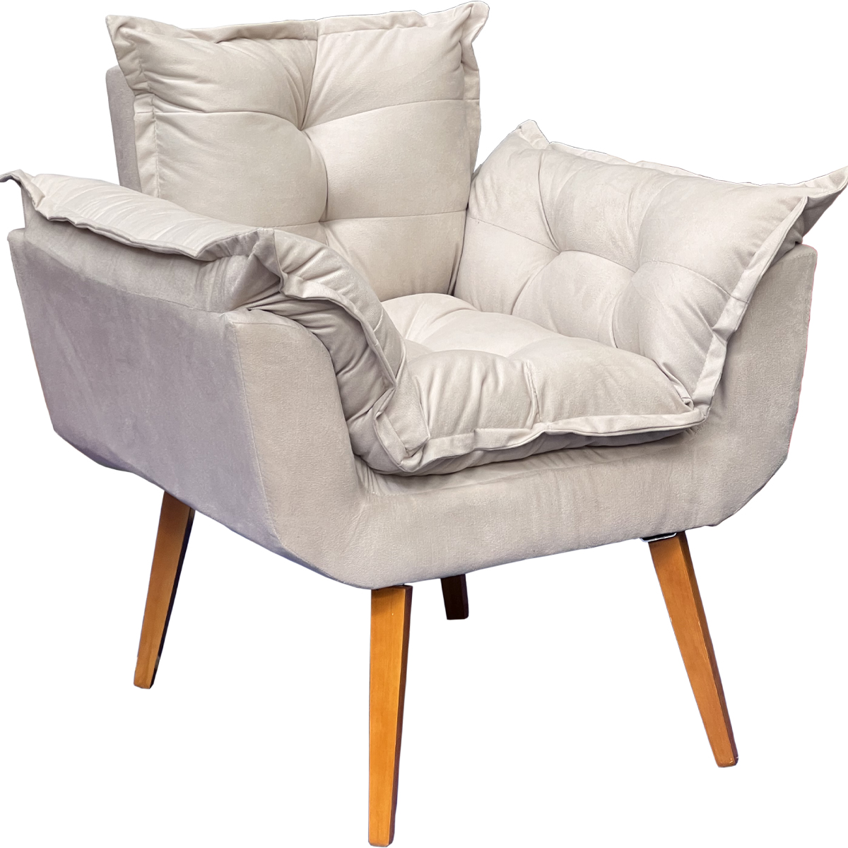Poltrona Decorativa Para Sala Recepção Manicure Confortável Alice Suede Bege Pés Trapézio