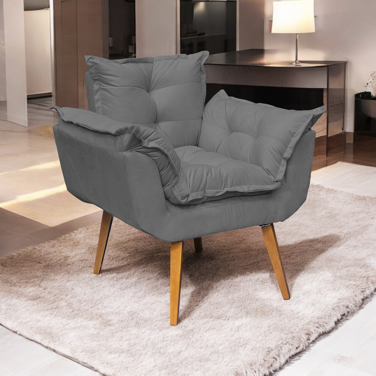 Poltrona Decorativa Para Sala Recepção Manicure Confortável Alice Suede Cinza Pés Trapézio