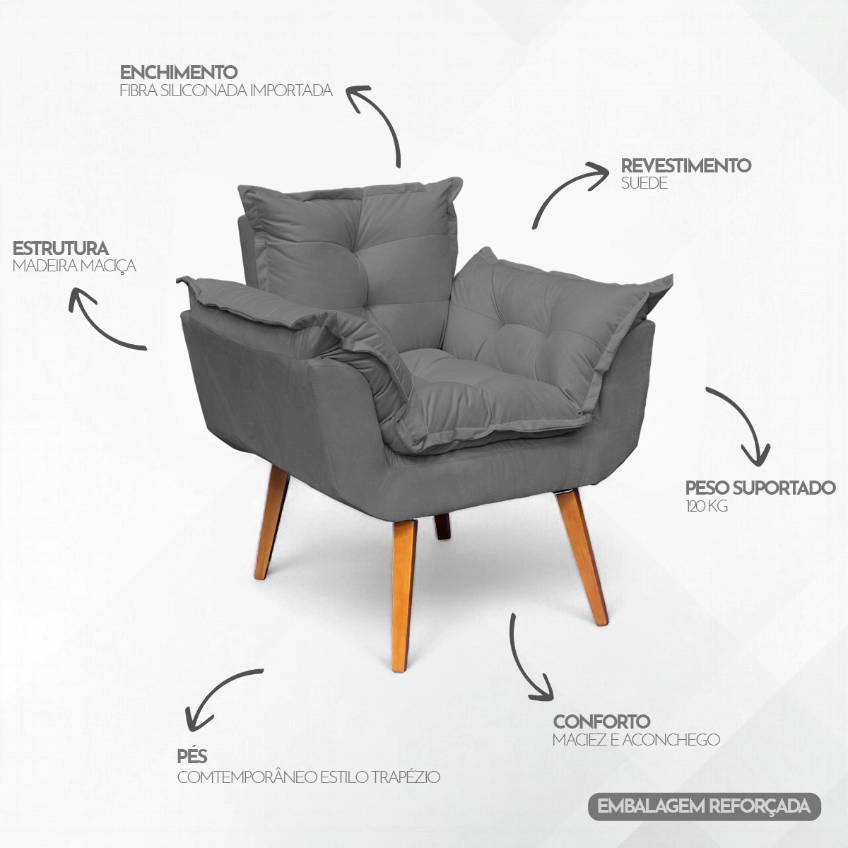 Poltrona Decorativa Para Sala Recepção Manicure Confortável Alice Suede Cinza Pés Trapézio