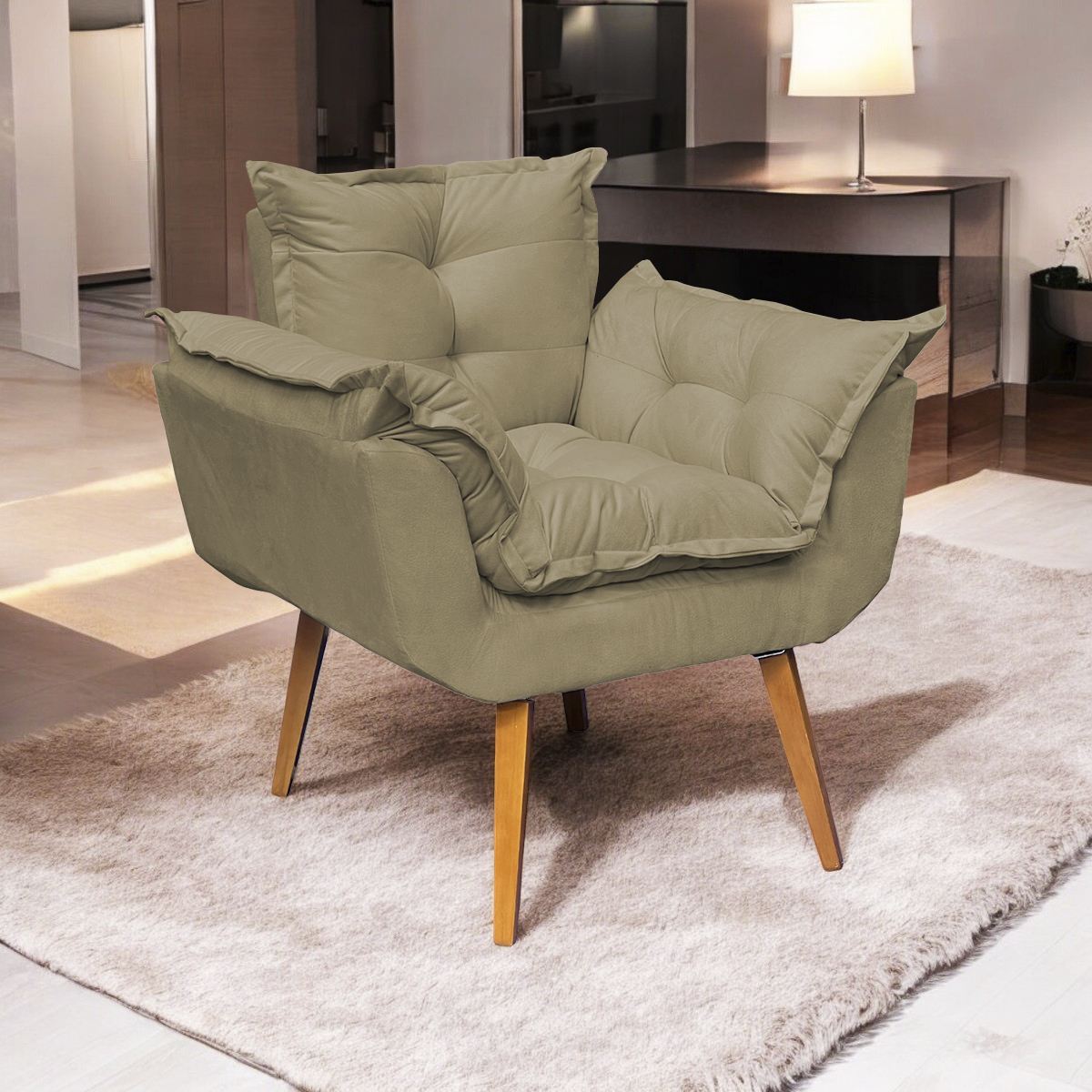 Poltrona Decorativa Para Sala Recepção Manicure Confortável Alice Suede Nude Pés Trapézio