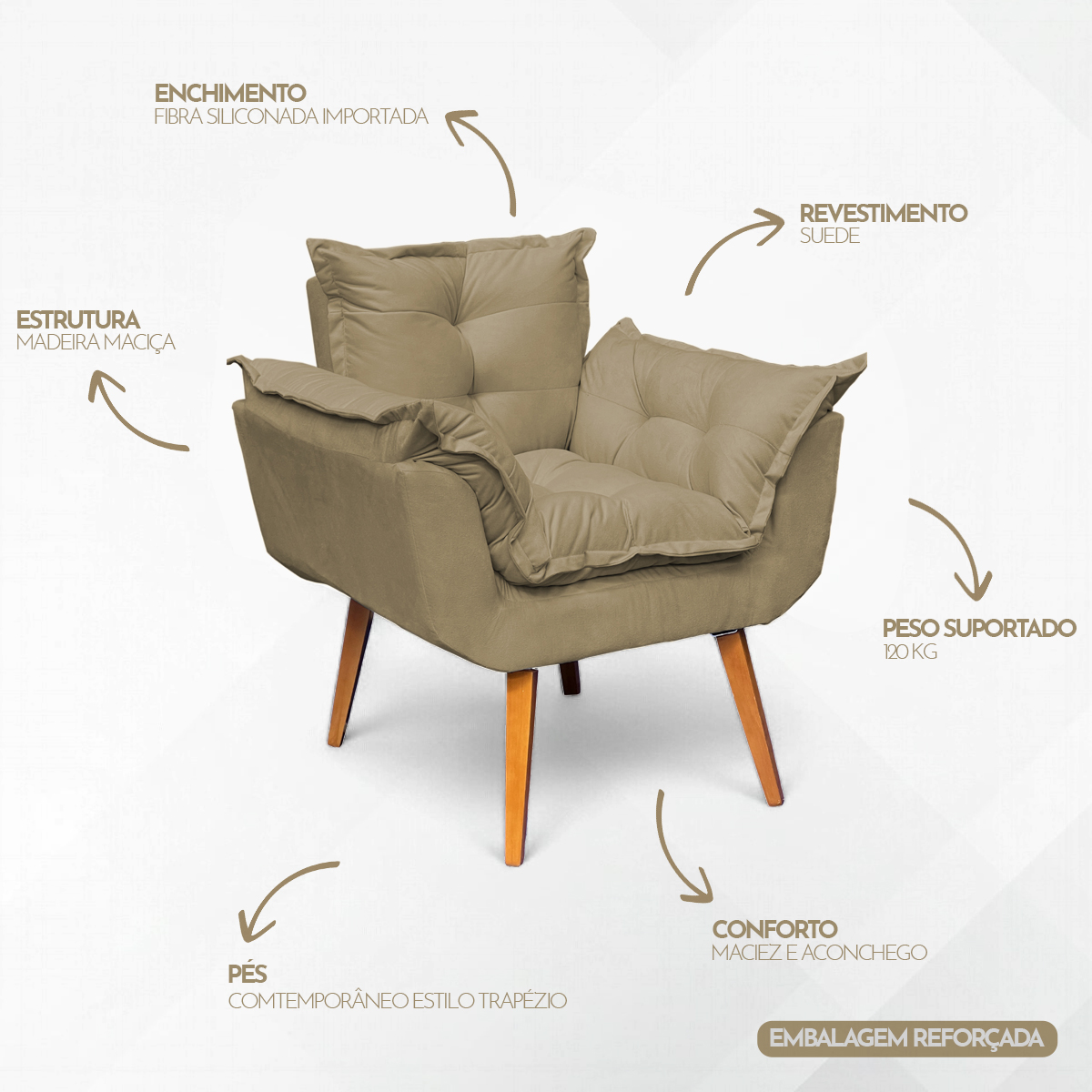 Poltrona Decorativa Para Sala Recepção Manicure Confortável Alice Suede Nude Pés Trapézio