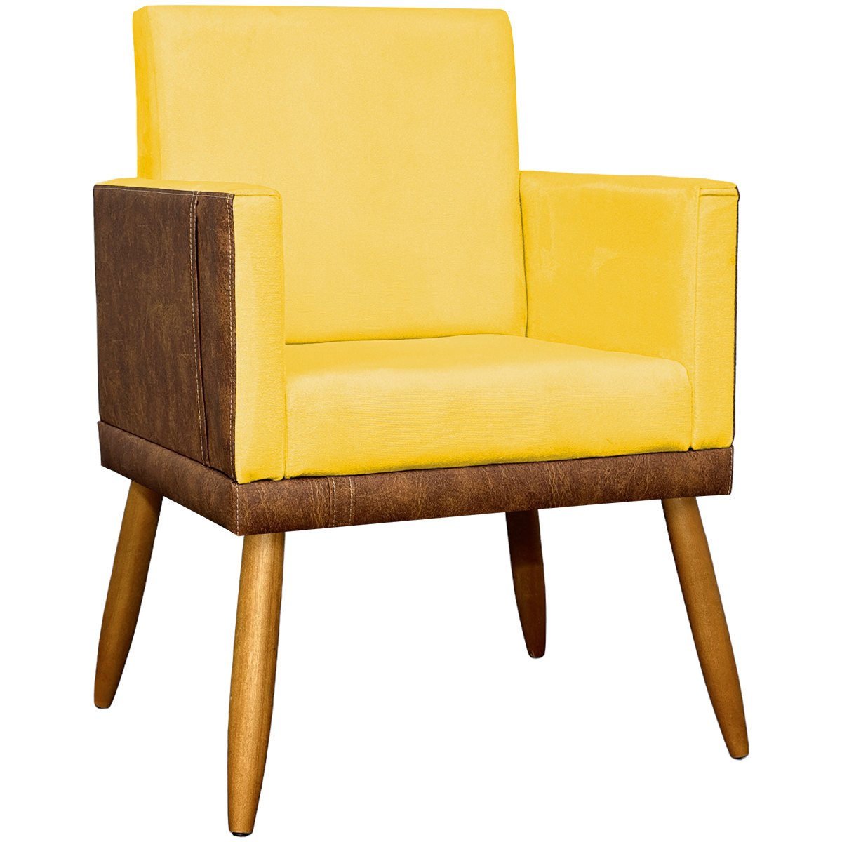 Poltrona Decorativa Para Sala Recepção Manicure Consultório Cadeira Lis Corino Peroba e Suede Amarelo