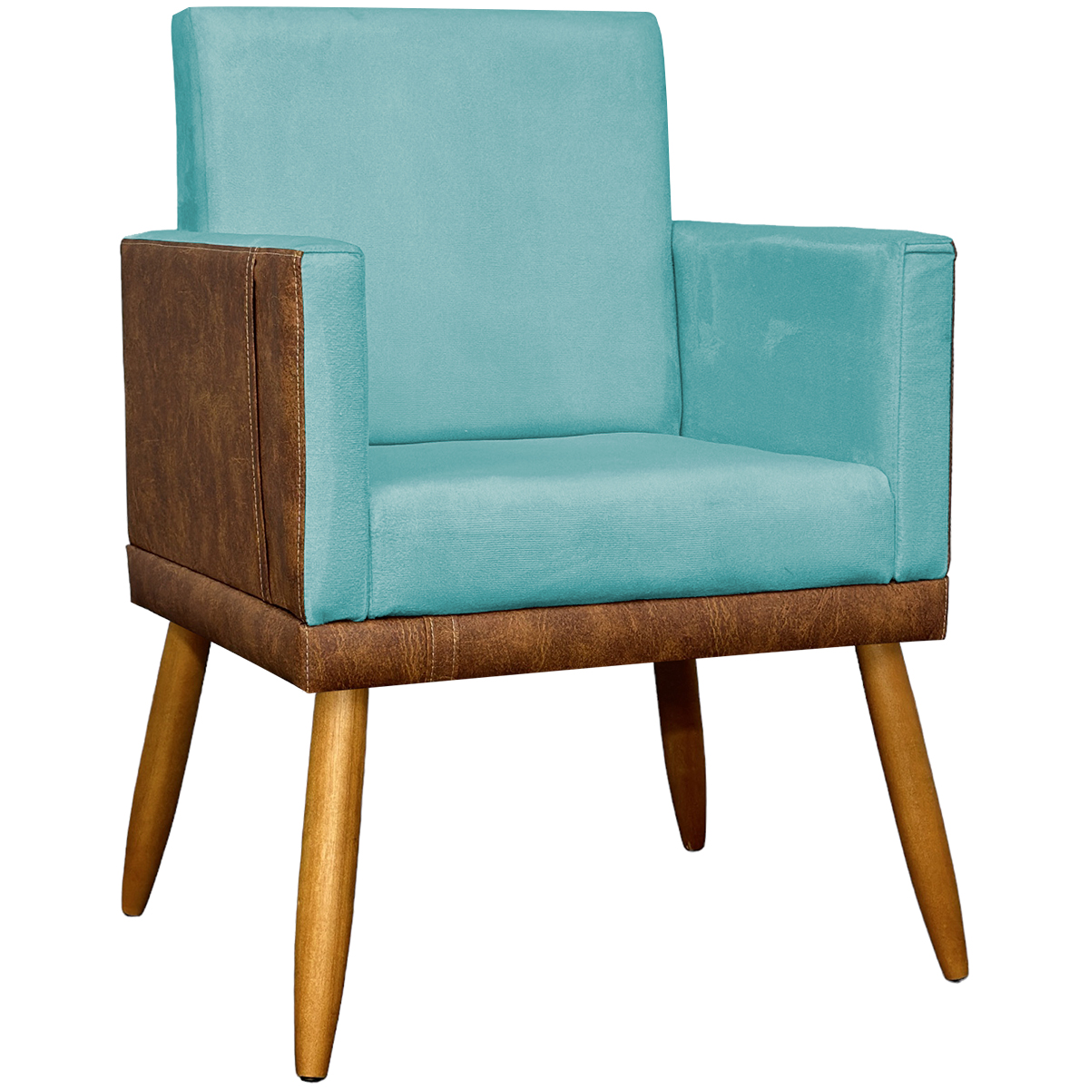 Poltrona Decorativa Para Sala Recepção Manicure Consultório Cadeira Lis Corino Peroba e Suede Azul Turquesa