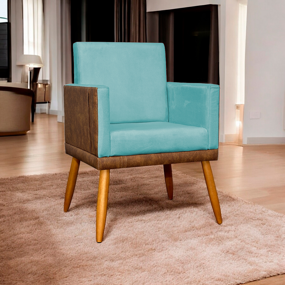 Poltrona Decorativa Para Sala Recepção Manicure Consultório Cadeira Lis Corino Peroba e Suede Azul Turquesa