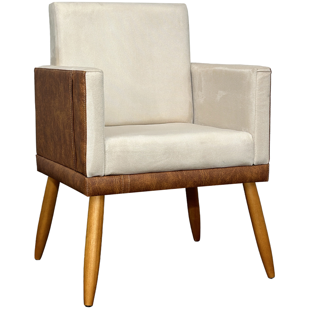 Poltrona Decorativa Para Sala Recepção Manicure Consultório Cadeira Lis Corino Peroba e Suede Bege