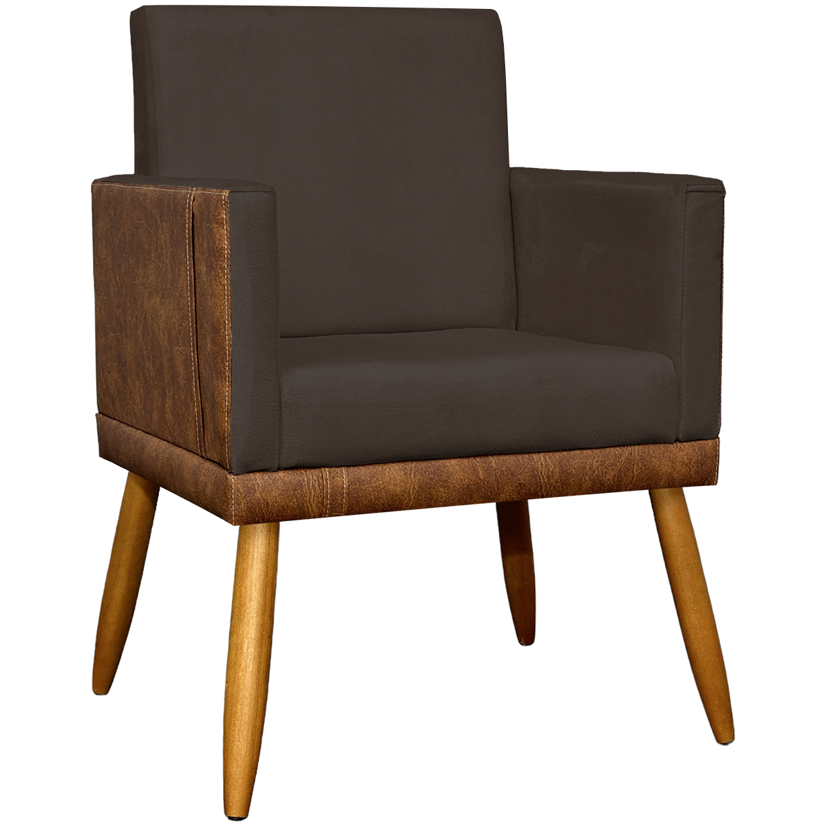 Poltrona Decorativa Para Sala Recepção Manicure Consultório Cadeira Lis Corino Peroba e Suede Marrom