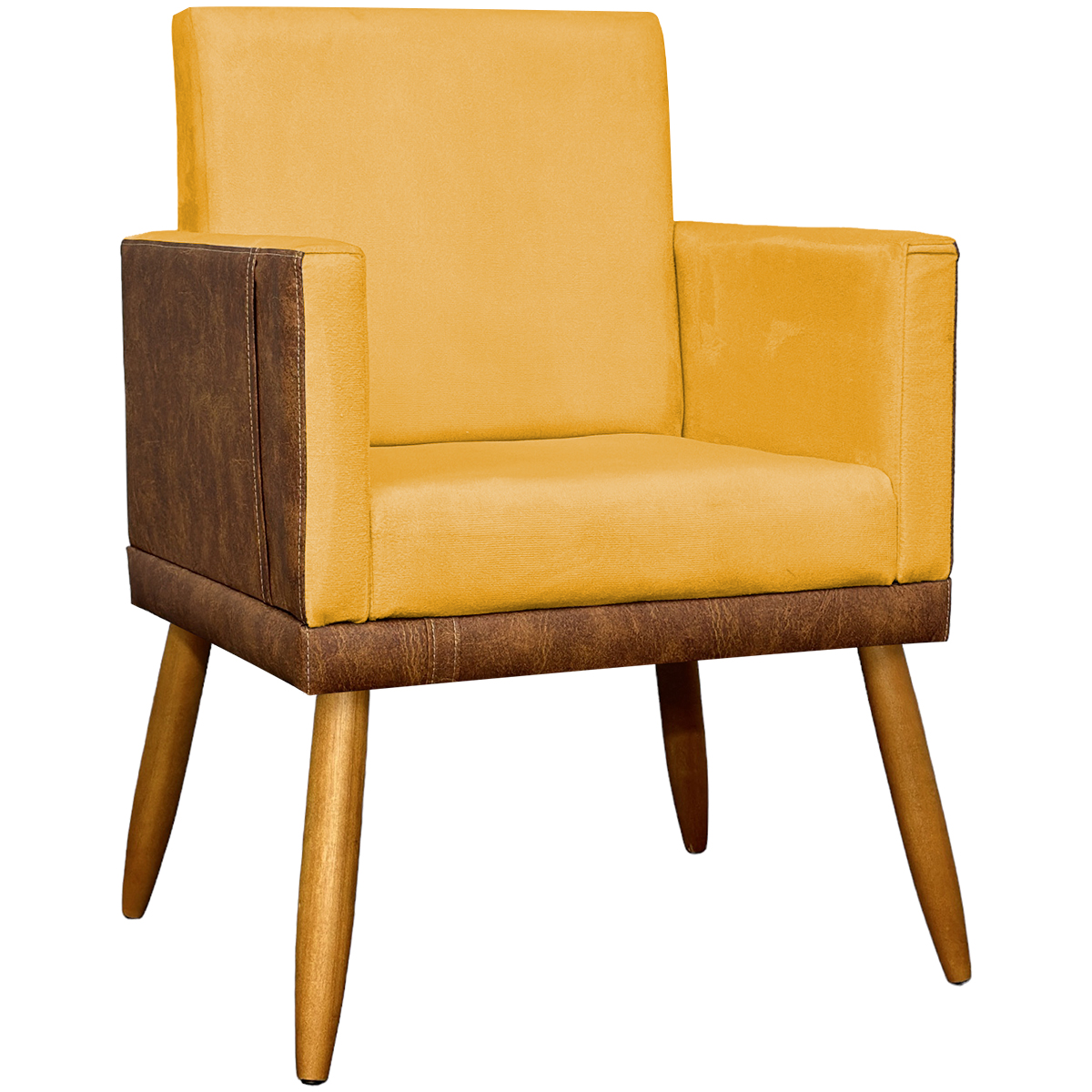 Poltrona Decorativa Para Sala Recepção Manicure Consultório Cadeira Lis Corino Peroba e Suede Mostarda