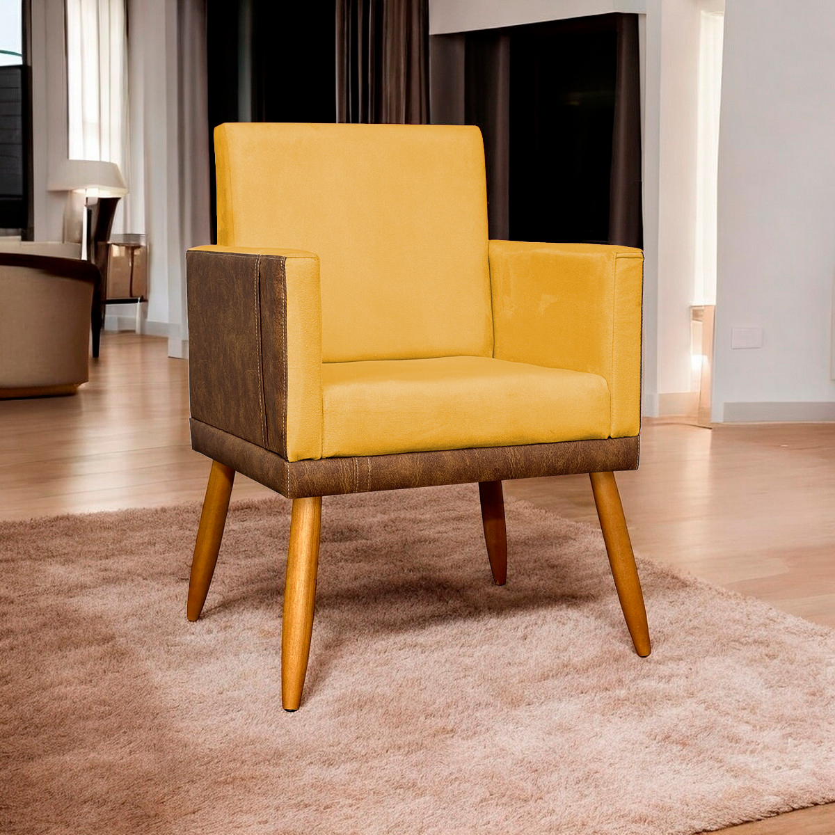 Poltrona Decorativa Para Sala Recepção Manicure Consultório Cadeira Lis Corino Peroba e Suede Mostarda