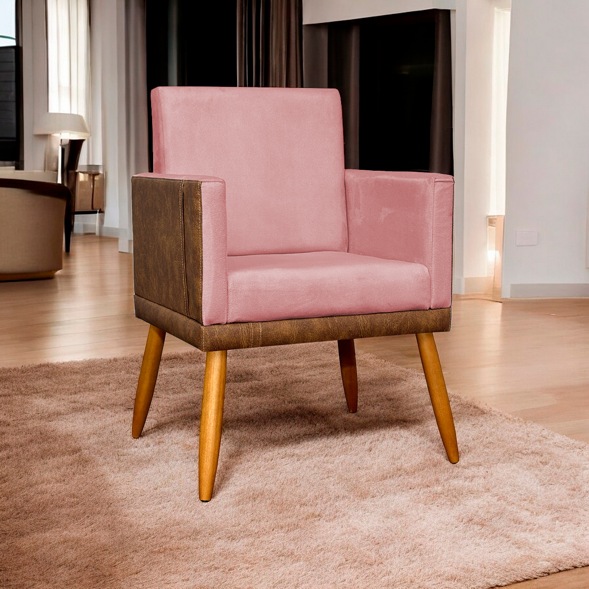 Poltrona Decorativa Para Sala Recepção Manicure Consultório Cadeira Lis Corino Peroba e Suede Rosê