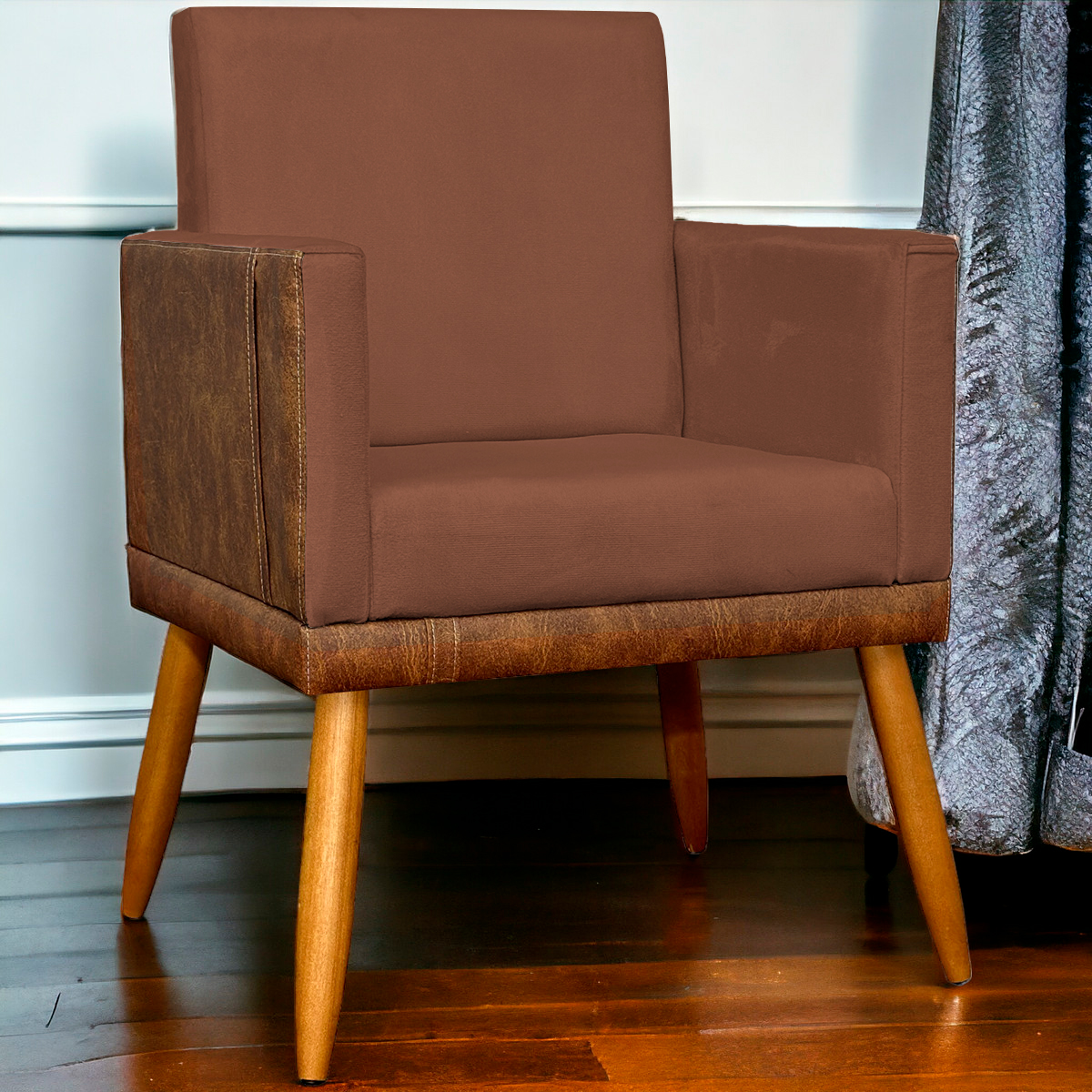 Poltrona Decorativa Para Sala Recepção Manicure Consultório Cadeira Lis Corino Peroba e Suede Terracota