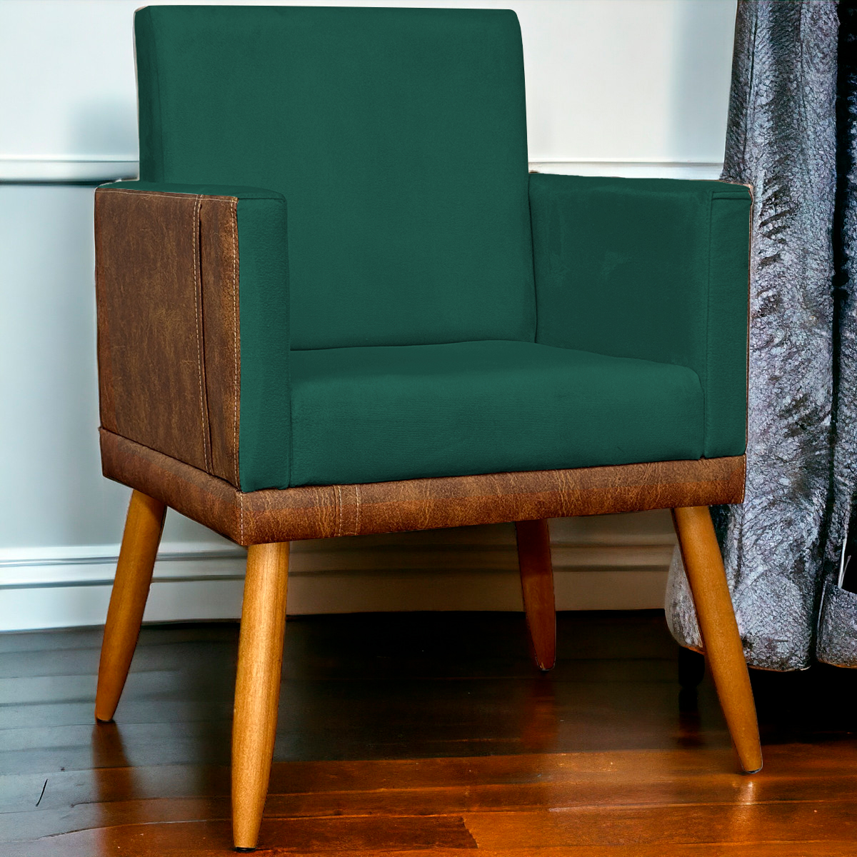 Poltrona Decorativa Para Sala Recepção Manicure Consultório Cadeira Lis Corino Peroba e Suede Verde
