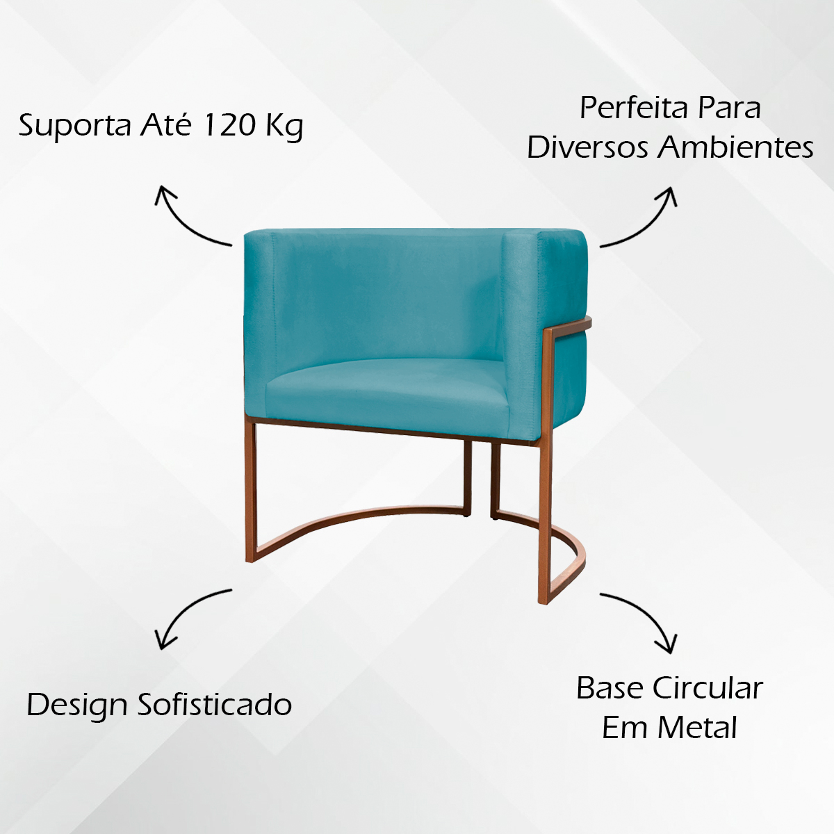 Poltrona Decorativa Para Sala Recepção Manicure Escritório Luna Suede Azul Turquesa Base de Ferro Bronze