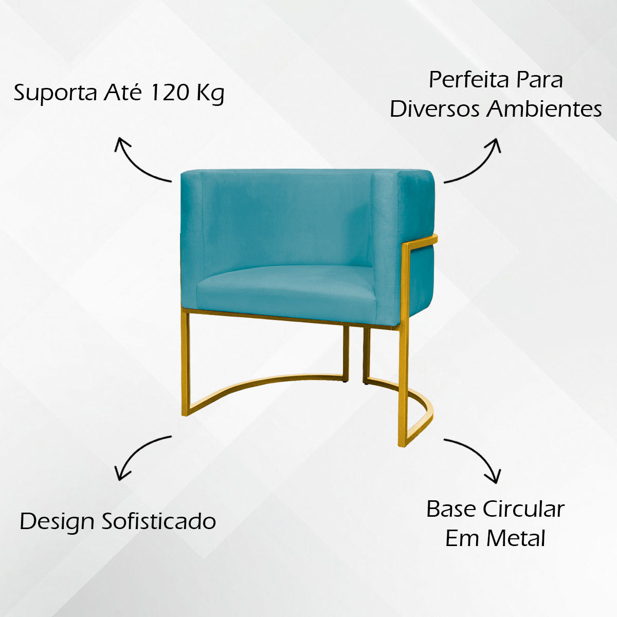 Poltrona Decorativa Para Sala Recepção Manicure Escritório Luna Suede Azul Turquesa Base de Ferro Dourado