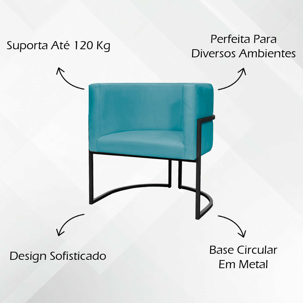 Poltrona Decorativa Para Sala Recepção Manicure Escritório Luna Suede Azul Turquesa Base de Ferro Preto