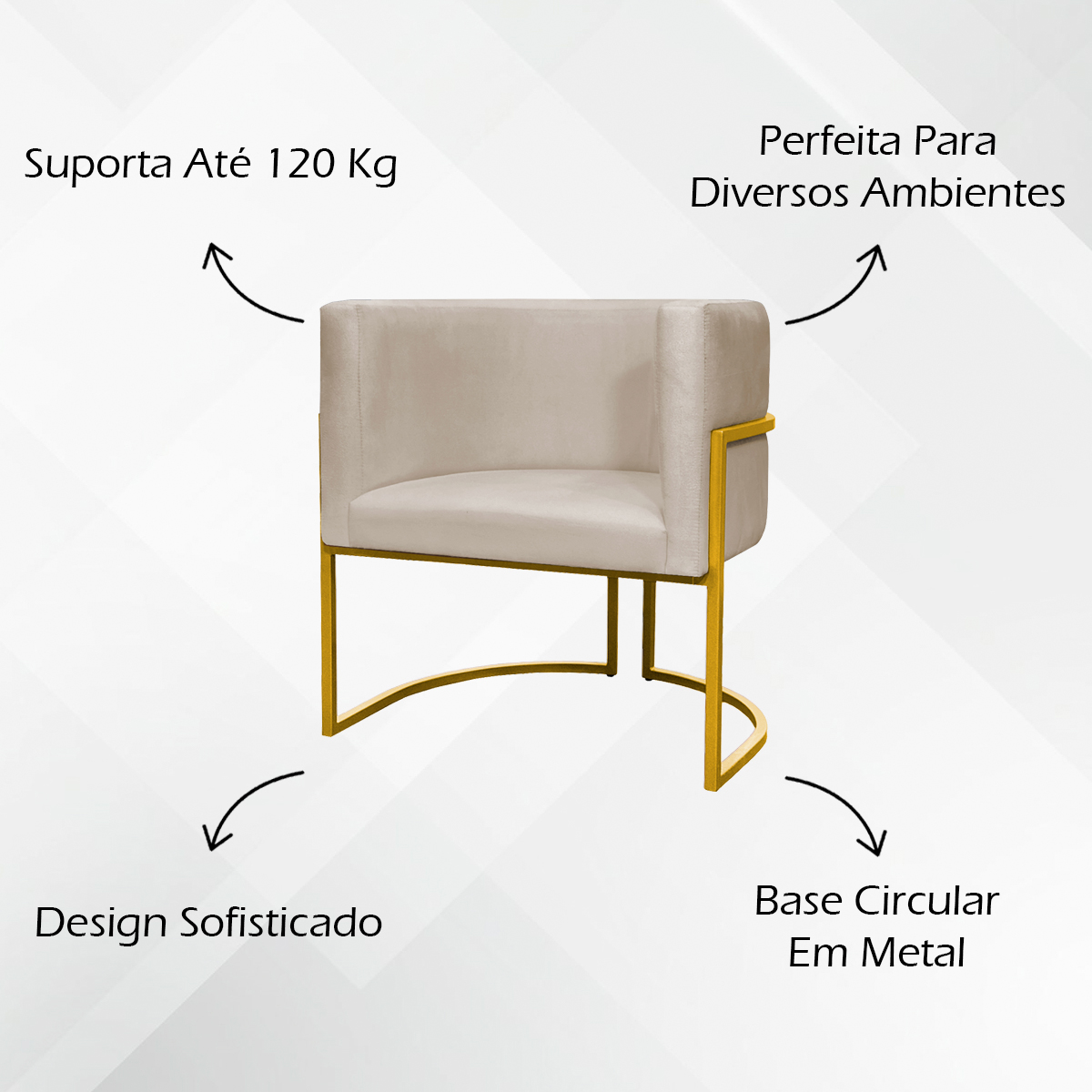 Poltrona Decorativa Para Sala Recepção Manicure Escritório Luna Suede Bege Base de Ferro Dourado