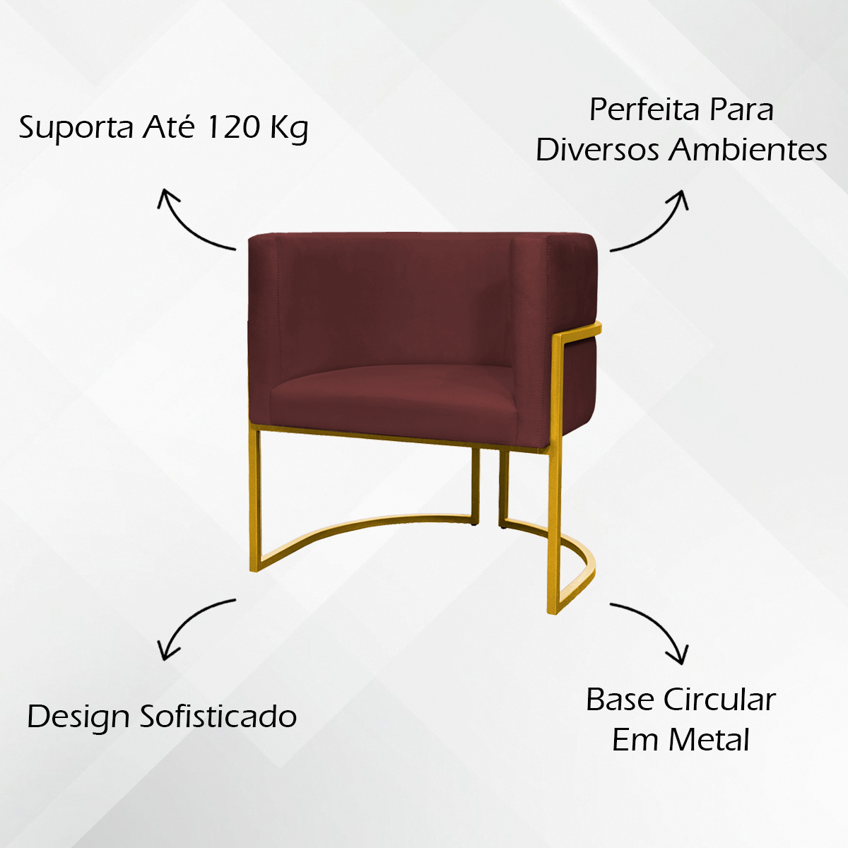 Poltrona Decorativa Para Sala Recepção Manicure Escritório Luna Suede Bordô Base de Ferro Dourado