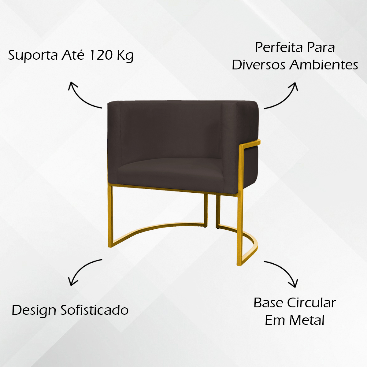 Poltrona Decorativa Para Sala Recepção Manicure Escritório Luna Suede Marrom Base de Ferro Dourado