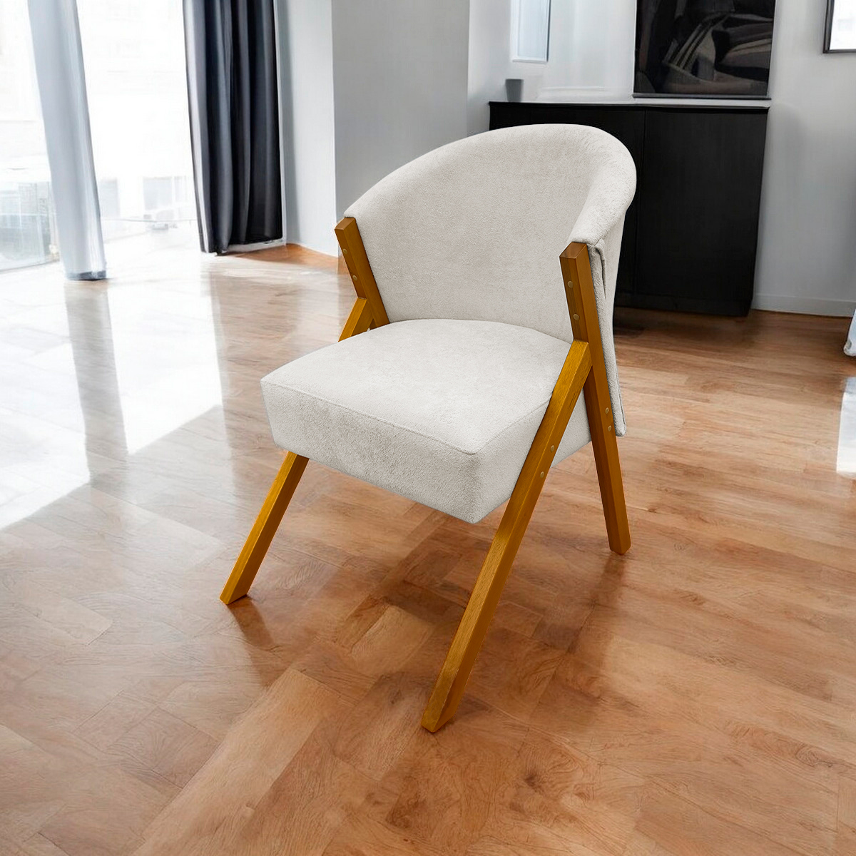 Poltrona Decorativa Para Sala Recepção You Bouclé Premium Bege Braça Amadeirada